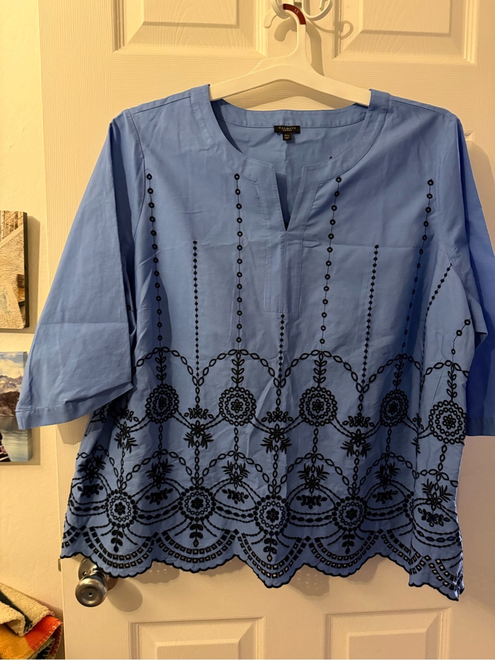 Talbots Cornflower Blue Cotton Tunic with Black Embroidery
